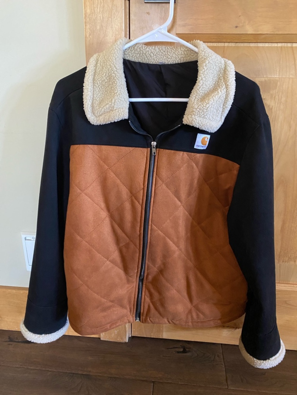 Carhartt Quilted Jacket with Sherpa Collar in Brown, Black & Cream